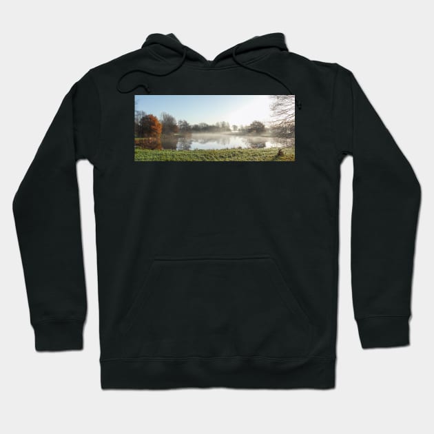 Lake, autumn mood, ground fog, hoarfrost, trees, landscape, Fischerhude, Lower Saxony, Germany Hoodie by Kruegerfoto